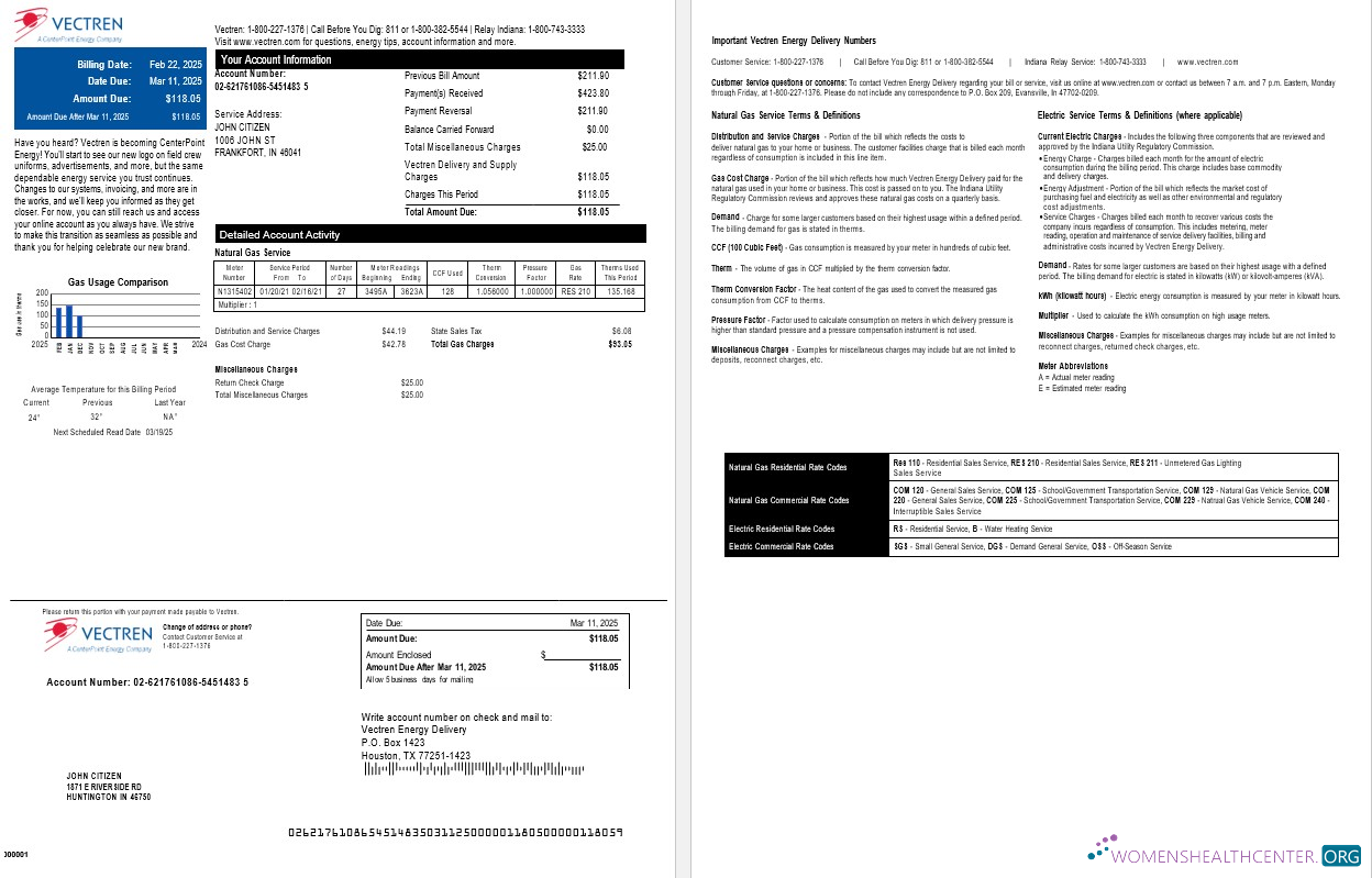 download download USA Ohio Vectren gas utility bill, version 2